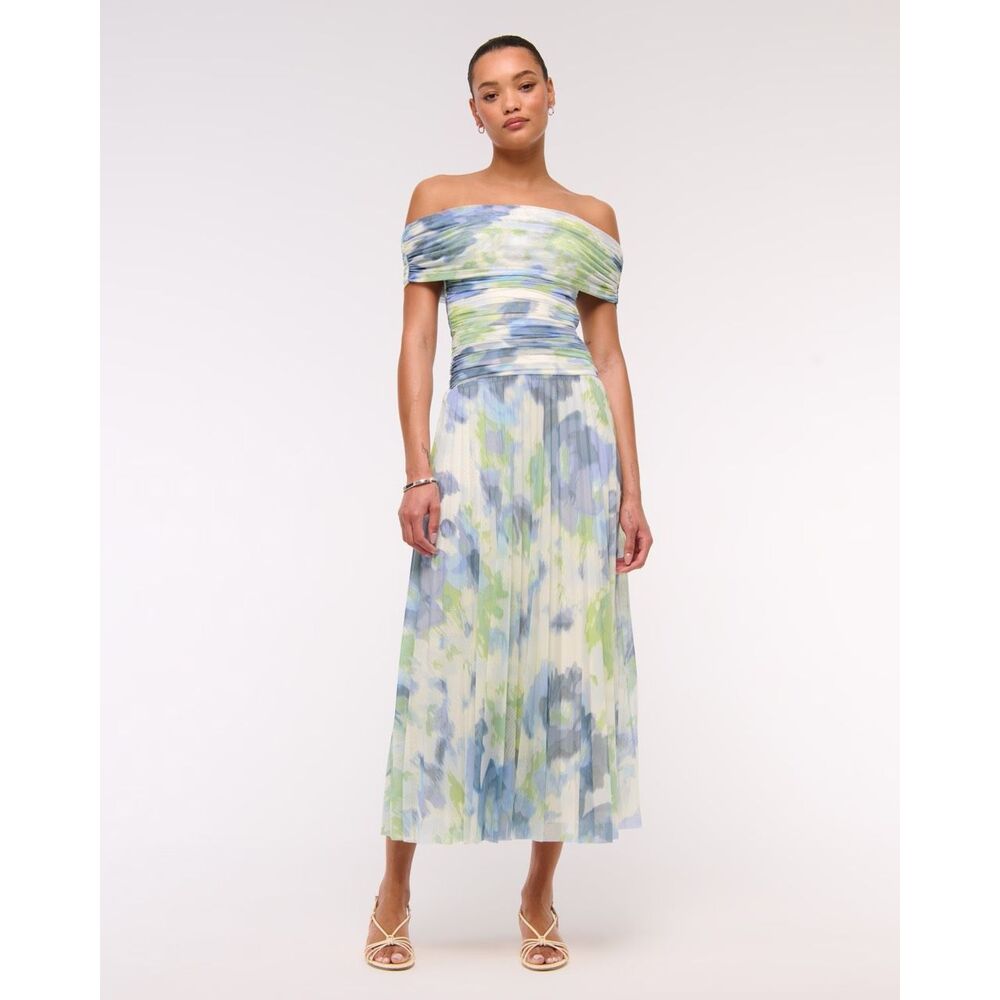 Abercrombie & Fitch The Giselle Drop-Waist Mesh Maxi Dress Blue, Green Size L